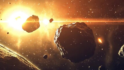 dramatic cosmic scene featuring asteroids, a planet, and a radiant sun. ideal for science fiction, s
