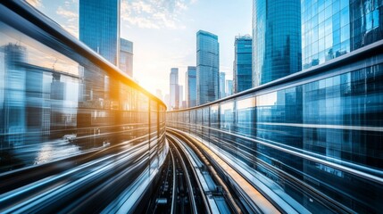 Poster - Urban Transportation System with Modern Skyscrapers and Sunset Glow