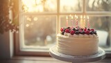 Delicious Birthday Cake with Berries and Candles by the Window, Festive Celebration