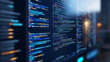 a close-up of code on a digital screen, showcasing programming and data processing.