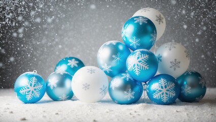 Colorful blue and white Christmas ornaments stacked in a festive arrangement with falling snow