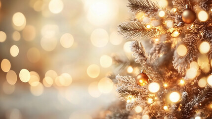 Poster - Golden bokeh lights illuminate a Christmas tree branch, creating a warm and festive atmosphere. Perfect for holiday cards, invitations, and social media posts.