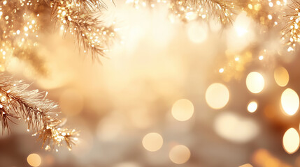Poster - Golden bokeh lights illuminate a Christmas tree branch, creating a warm and festive atmosphere. Perfect for holiday cards, invitations, and social media posts.