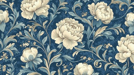 Canvas Print - Elegant floral pattern featuring large white peonies and intricate leaves on a deep blue background, adding sophistication and charm to any design project.