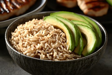 Wall Mural - A bowl of brown rice topped with fresh avocado slices, showcasing a healthy meal option.