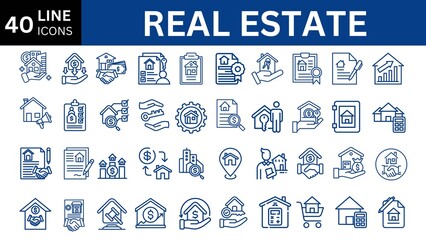 Real Estate set of web icons in line style. Set of 40 line icons related to real estate, property, rent house, buy and sell home, building, Editable stroke. Vector illustration