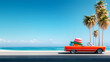 © Pingun - A vibrant vintage convertible filled with beach gear cruising by the shore under a bright sunny sky, evoking a sense of summer adventure.