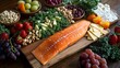 © sctung - Vibrant Nutrition: Salmon, Fresh Vegetables, and Fruits for a Healthy Plate