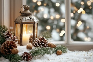 Wall Mural - a vintage lantern, pine cones, nuts, and snow illuminated by window light, creating a cozy, festive 
