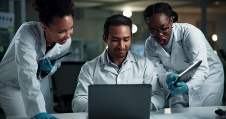 Aufkleber - Scientists, team or night with technology for collaboration, healthcare results or experiment together at labratory. Science, group or employees working late on laptop or tablet for medical discovery