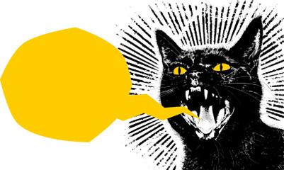 Cat element of collage, Space cat screaming empty speech bubble, Pop-art style illustration of a black cat, Black cat with a wide-open mouth and piercing yellow eyes on a transparent background