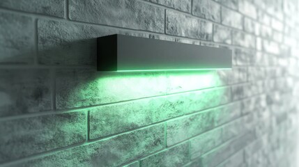 Wall Mural - a sleek, light gray brick wall featuring a modern, matte black wall light that emits a soft green hu