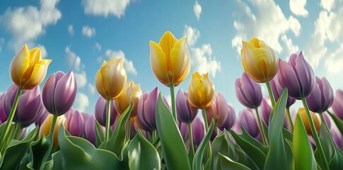 Wall Mural - A vibrant field of tulips under a blue sky with fluffy clouds, showcasing nature's beauty.