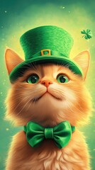 Wall Mural - Ginger cat wearing green top hat and bowtie with shamrock in st. patrick's day theme. Happy St. Patrick's day.