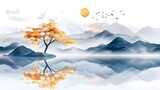 Abstract 3D wallpaper, a golden tree with blue mountains and clouds, a landscape reflection on water, a white sky with sun and birds, an illustration for wall art decoration