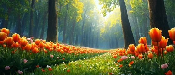 Wall Mural - A vibrant forest scene with blooming flowers and sunlight filtering through the trees.