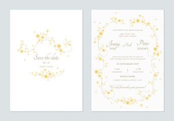 Wall Mural - Wedding invitation template set of delicate yellow flowers and vines on a white background, creating a romantic and vintage feel