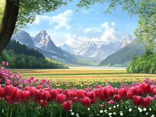 Wall Mural - A vibrant landscape featuring colorful flowers, mountains, and a serene lake under a blue sky.