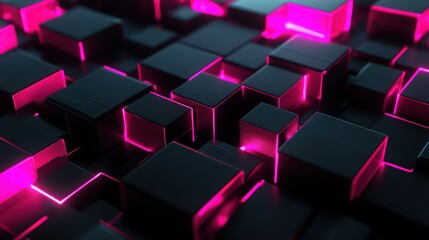 Wall Mural - an abstract composition of dark cubes featuring glowing pink light seams, creating a vibrant and pla