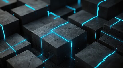 Wall Mural - an arrangement of dark gray cubes featuring bright blue light seams interlaced throughout, enhancing