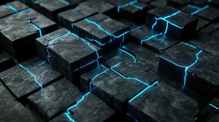 Wall Mural - an arrangement of dark gray cubes featuring bright blue light seams interlaced throughout, enhancing