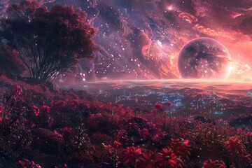 a distant planet with red flowers and a starry sky