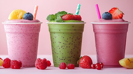 Wall Mural - Colorful smoothies in three cups, featuring berries and mint, set against a pink background. Refreshing and vibrant summer drinks.