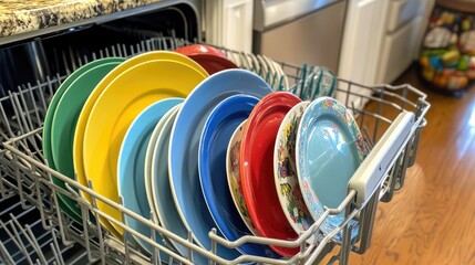 Colorful Plates Organized in Dishwasher for Efficient Cleaning