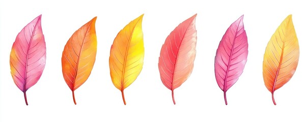 Wall Mural - A collection of colorful, stylized leaves in warm hues of pink, orange, and yellow.