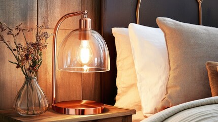 Sticker - Elegant Table Lamp with Glass Shade and Cozy Bedroom Setting