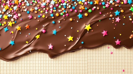Wall Mural - a vibrant background featuring a rich, chocolate-brown icing layer with colorful candy sprinkles and