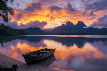 Wall Mural - A boat is sitting in the water near the shore