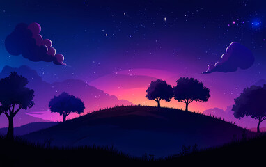 Wall Mural - A cartoon-style vector illustration of a hill with trees, against the backdrop of a purple and blue sky at night