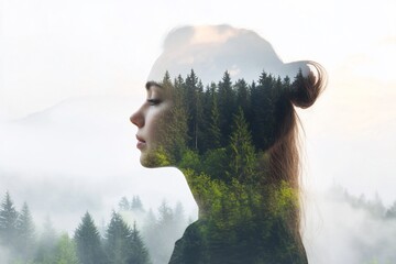 Wall Mural - A double exposure of a woman's profile and a forest landscape.