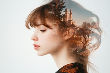 Wall Mural - A double exposure portrait blending a girl with a scenic landscape.