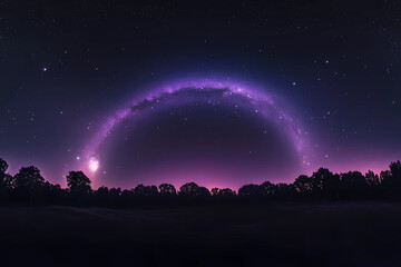 Wall Mural - A purple rainbow arching across the night sky, a starry sky, and a forest silhouette in the background