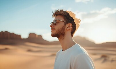 Canvas Print - A man in sunglasses stands in a desert landscape during sunset.