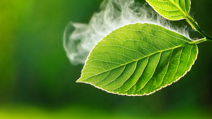 close up of leaf with water vapor, showcasing natural transpiration