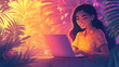 © 3AI studio - Working remotely in a vibrant tropical setting a woman engaging with technology amidst nature's beauty