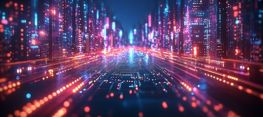 Poster - Virtual digital highway portal technology with city building. Generative AI technology.	
