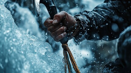 Climber using ice axe to ascend icy wall