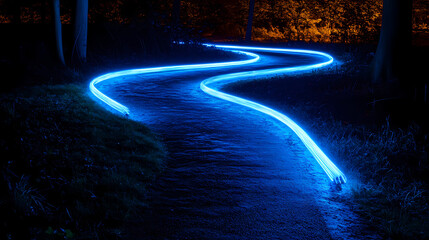 Wall Mural - long exposure photograph of blue neon light trails on a curved path against a dark background, evoki