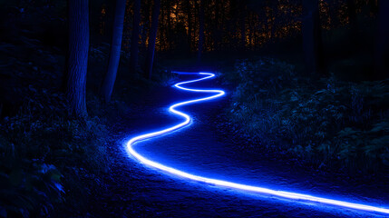 Wall Mural - long exposure photograph of blue neon light trails on a curved path against a dark background, evoki