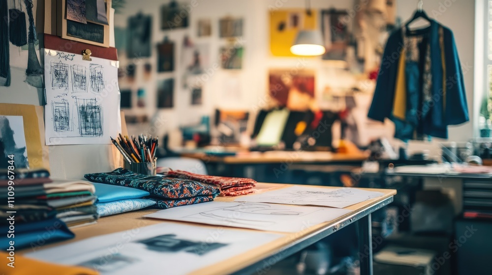 Interior view of a fashion design studio, highlighting sketches and ...