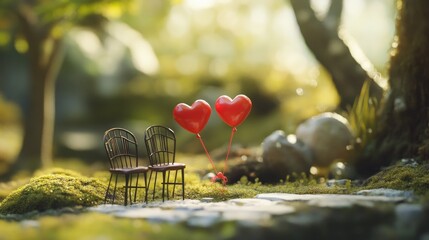 Wall Mural - Miniature scene featuring two chairs tied with heart-shaped balloons, placed in a detailed outdoor park setting.