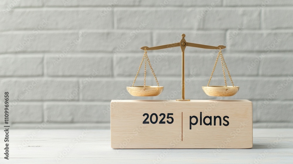 Setting 2025 goals with vision and challenges. Balance scale representing future planning for