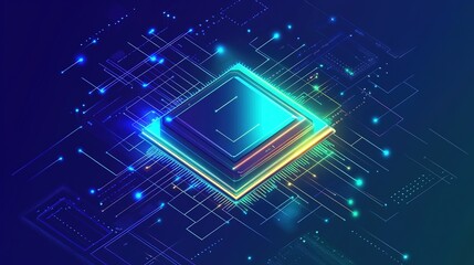 Glowing isometric CPU on blue circuit board.
