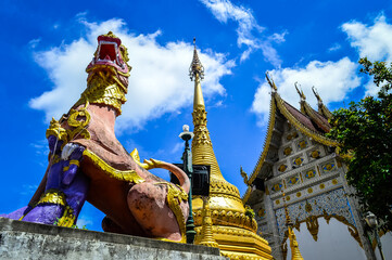 Chapel and Gold Pagoda, Lanna Architecture, Symbols of Buddhism, South East Asia at Ko Klang temple, Muang Chiang Mai, Chiang Mai, Northern Thailand