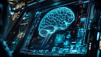 Futuristic digital display showing a detailed 3D model of a human brain with neurological data.