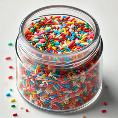 Canvas Print - A jar of colorful sprinkles isolated on a white background. 